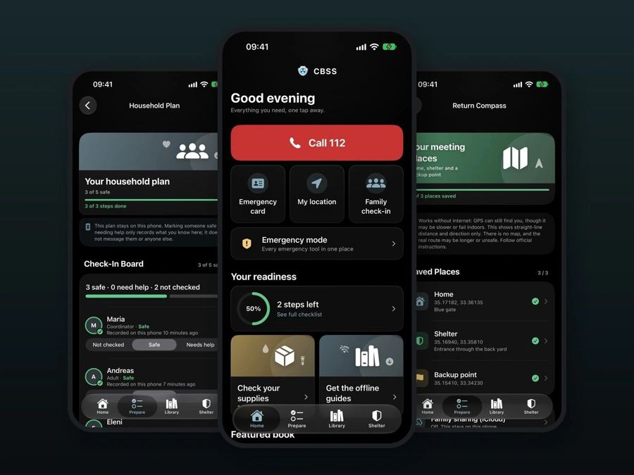ثلاث شاشات iPhone لتطبيق CBSS: خطة الأسرة، والشاشة الرئيسية مع الاتصال بالرقم 112، وأماكن الالتقاء المحفوظة