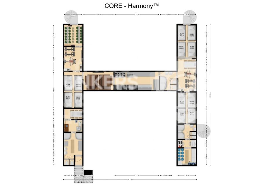 مخطط أرضي لتصميم CORE Harmony، ملجأ على شكل حرف H مع غرف بأسرّة طابقية ومطبخ وصالة رياضية وزراعة مائية
