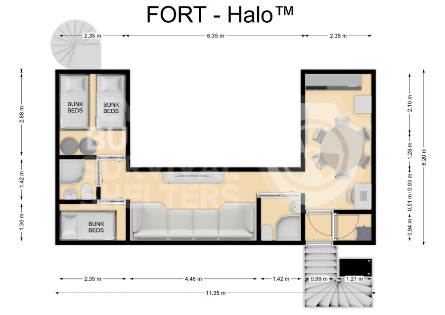 مخطط أرضي لتصميم FORT Halo مع غرف بأسرّة طابقية، وصالة جلوس، ومنطقة طعام، وغرفتي استحمام